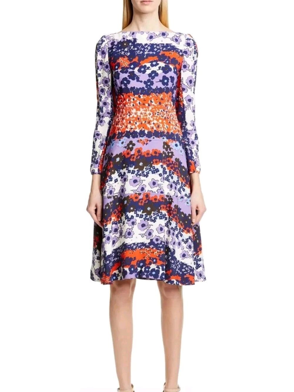 Lela Rose Women White Purple Floral Scalloped Long Sleeve Midi Dress NWOT Size 6